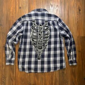 Furst of a Kind Blue Plaid Flannel with Skeleton Ribcage Back Patch Size Large